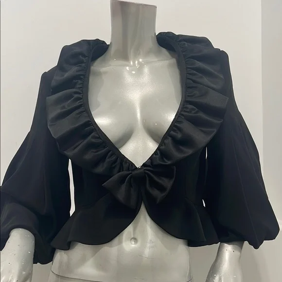 Musani Couture Black Ruffled Bow Front Peplum Satin Blouse Top EUR 42 Evening - Picture 12 of 12